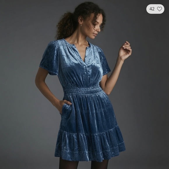 Anthropologie Dresses & Skirts - Anthropologie Somerset Blue Velvet Smocked Tiered Mini Dress V-Neck Small